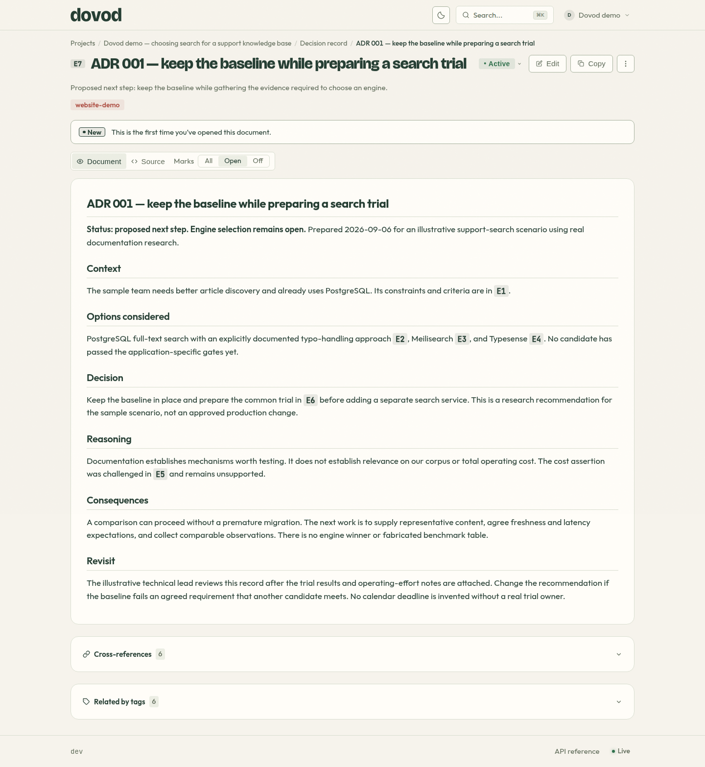 Dovod decision record showing the evidence behind a proposed search trial